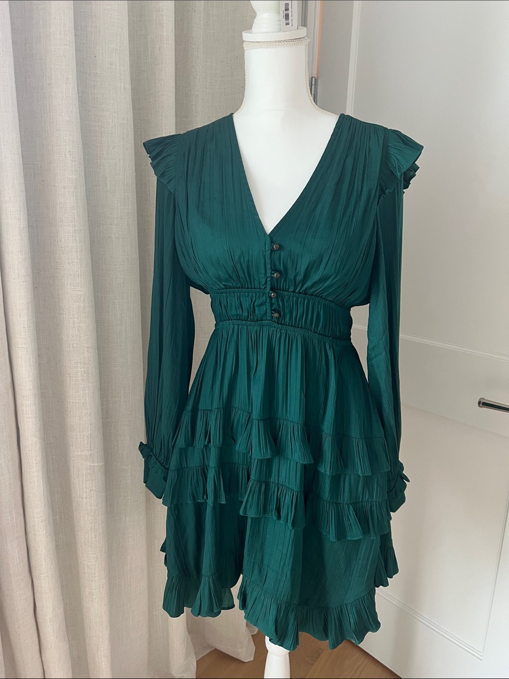 Anthropologie Emerald Green Tiered Ruffle Long-Sleeve Dress